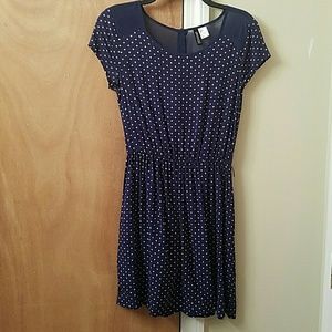Fit and flare navy polka dot dress